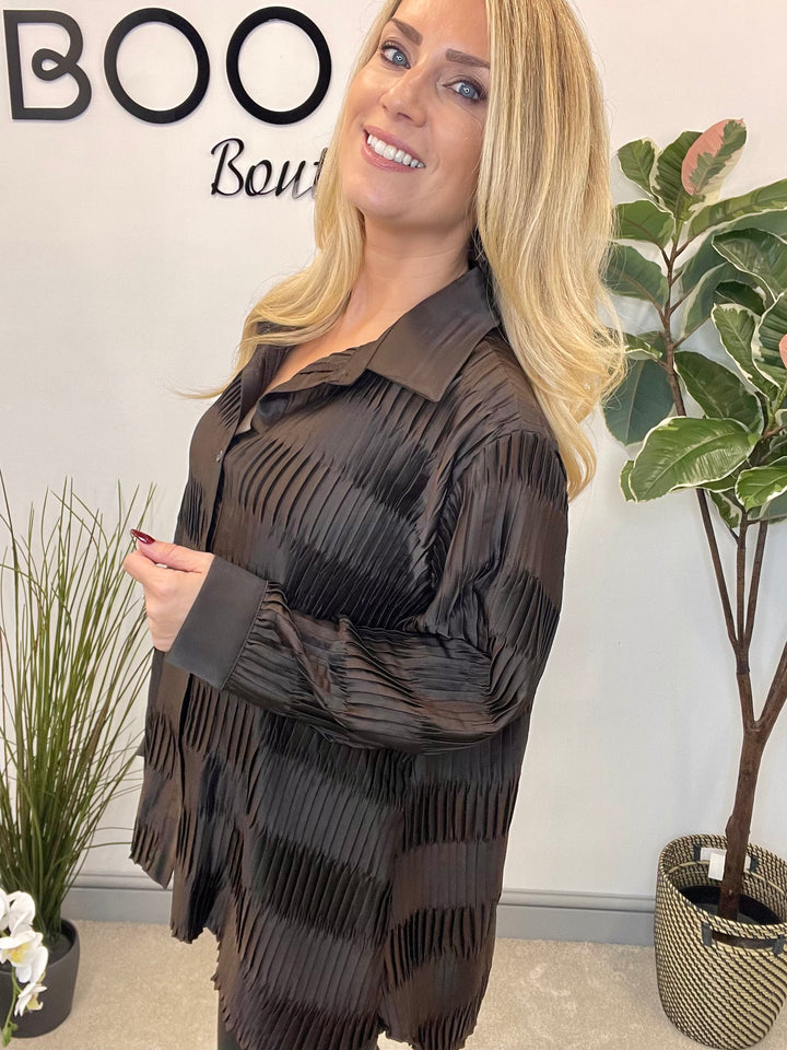 LADIES PLEATED OVERSIZE SHIRT BLOUSE - BLACK, PLUM & BROWN