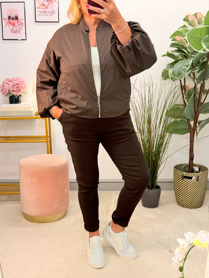 Ladies Fashion Cropped Bomber Jacket - Black, Pistachio, Brown & Taupe
