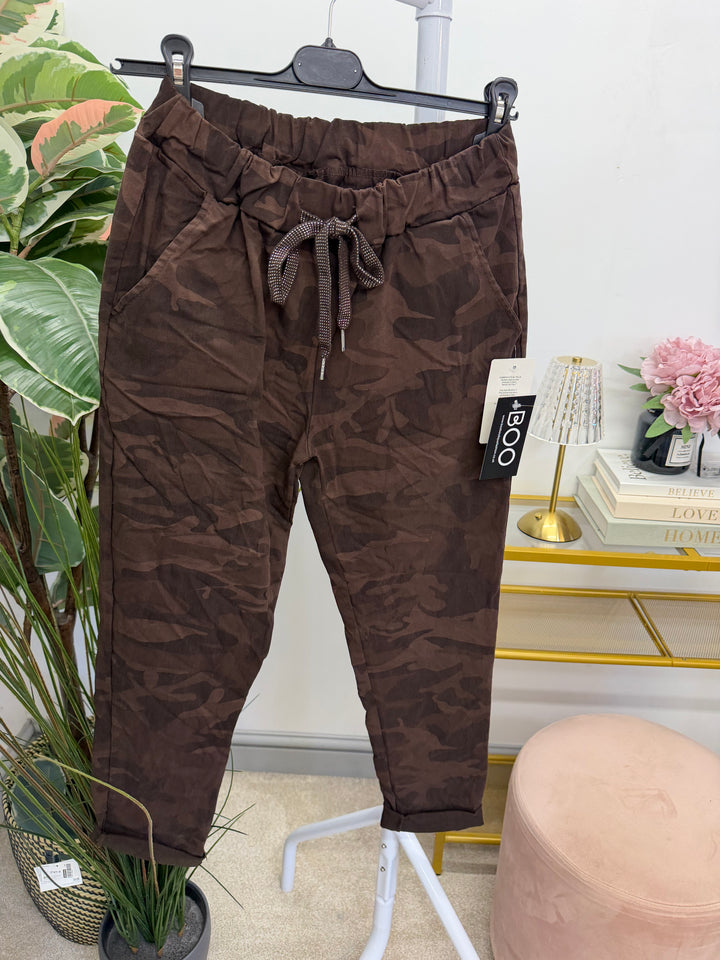 Ladies Fashion Camouflage Stretch Magic Trousers - Brown, Khaki & Grey 