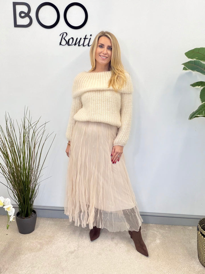 LADIES FLUFFY KNIT BARDOT JUMPER - MINT, BLACK, CREAM, PINK, LEMON & MOCHA