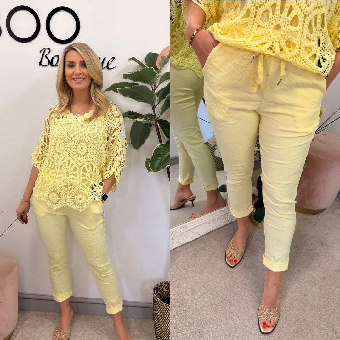 LADIES FASHION STRETCH MAGIC TROUSERS LEMON YELLOW