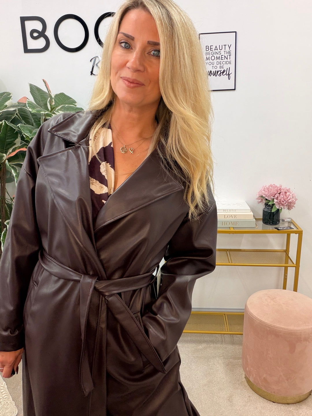 Womens fashion faux leather trench coat - plum, black & brown