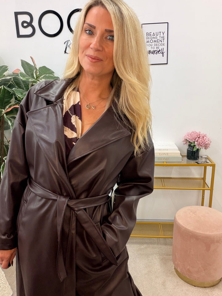 Womens fashion faux leather trench coat - plum, black & brown