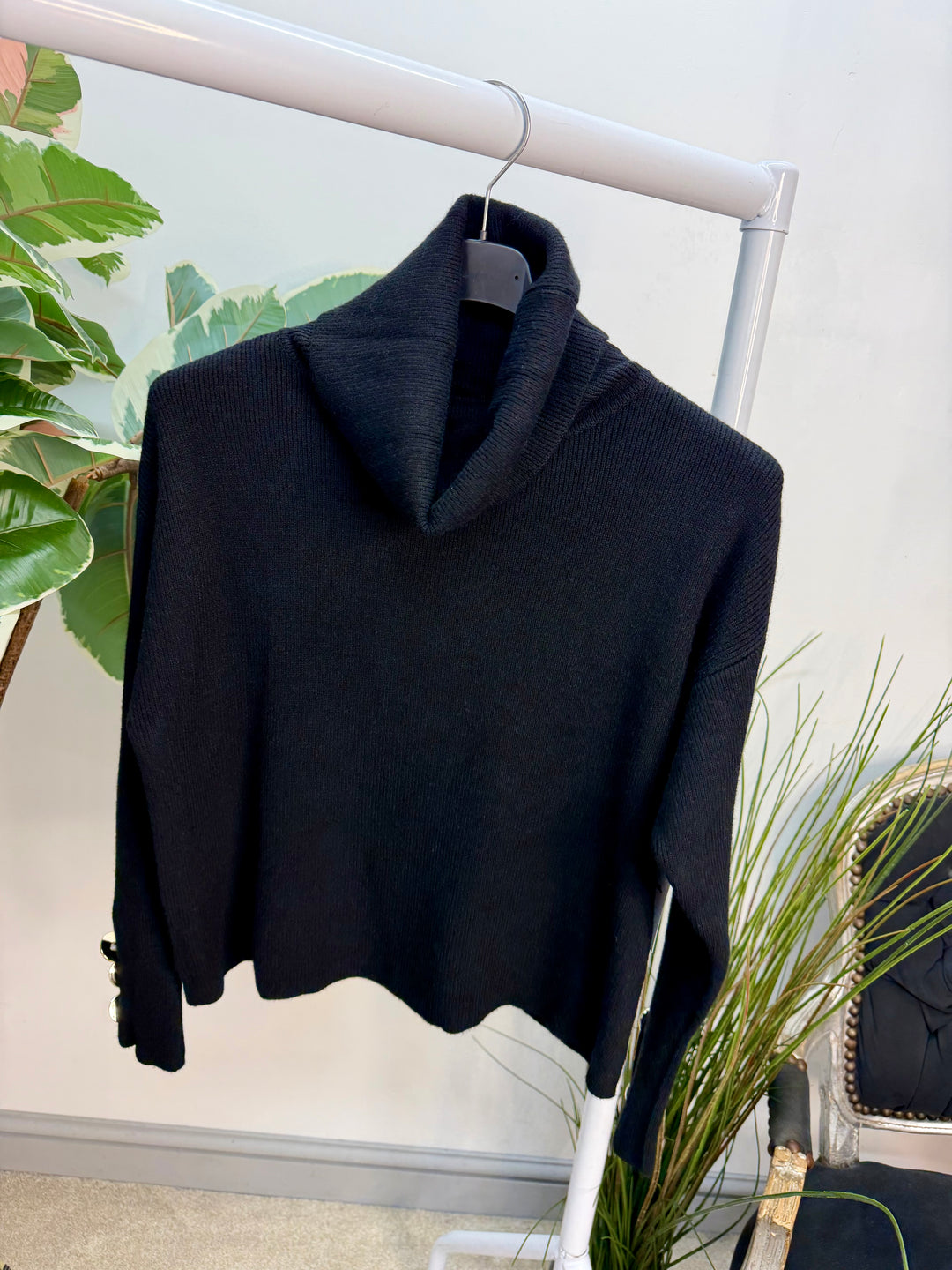 Ladies Fashion Cropped Roll Neck Jumper - black, white, blue & pink