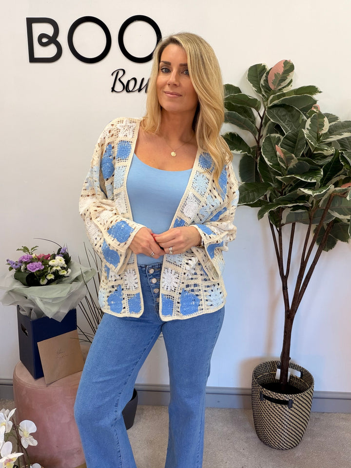 Ladies Fashion Beige Crochet Bolero Cardigan - pink, green & blue