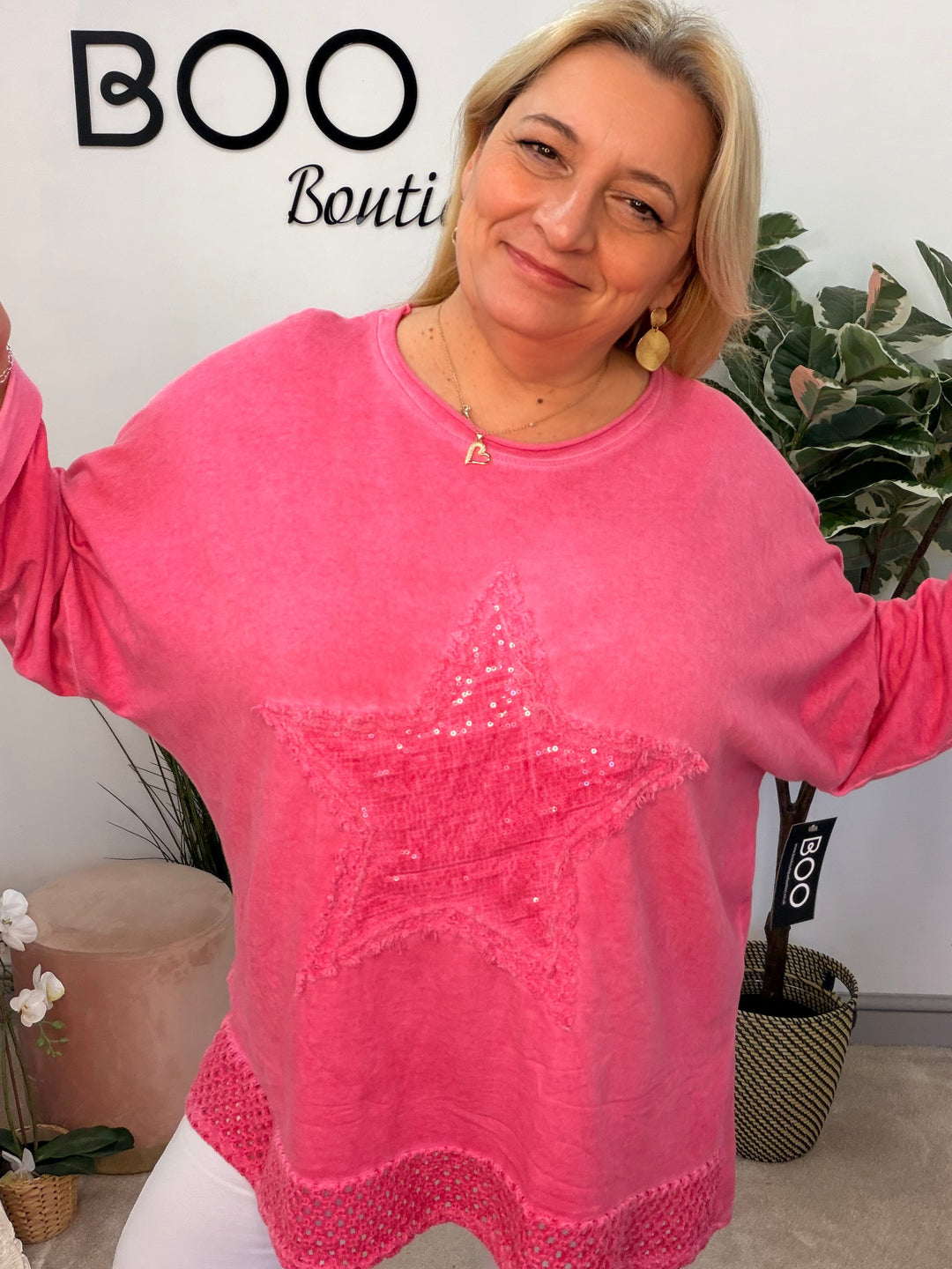 Ladies Fashion Oversize Star Sweatshirt style Top - black, white, pink, raspberry & grey