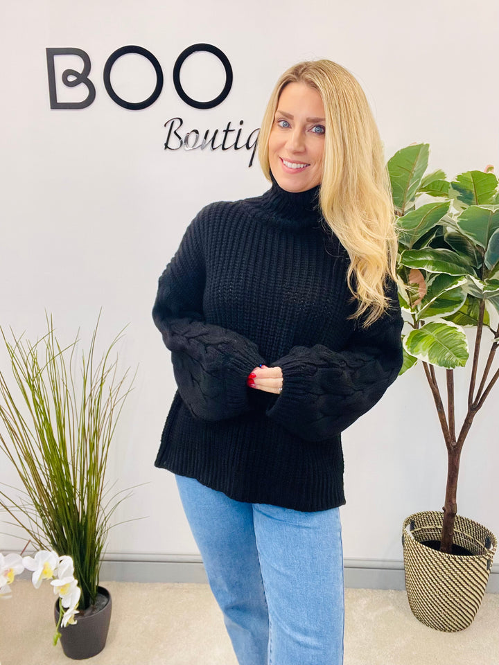 LADIES FISHERMANS CHUNKY KNIT ROLL NECK JUMPER - CREAM, MOCHA, BLACK