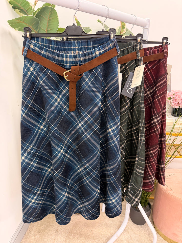 Womens tartan A line midi skirt - Wine, Blue & Khaki