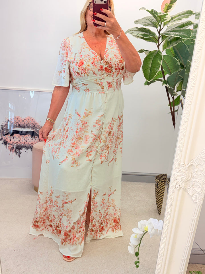 Ladies Cream & Pink Summer Event Maxi Dress