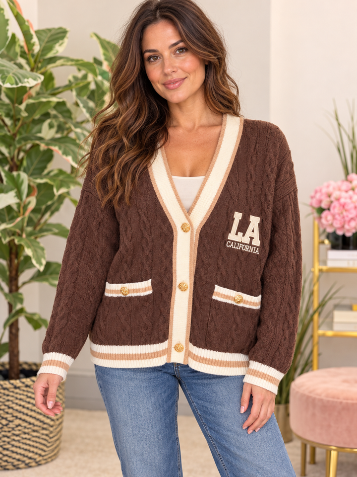 Womens Cable Knit Cricket Cardigan - Cream, Brown, Plum & Black