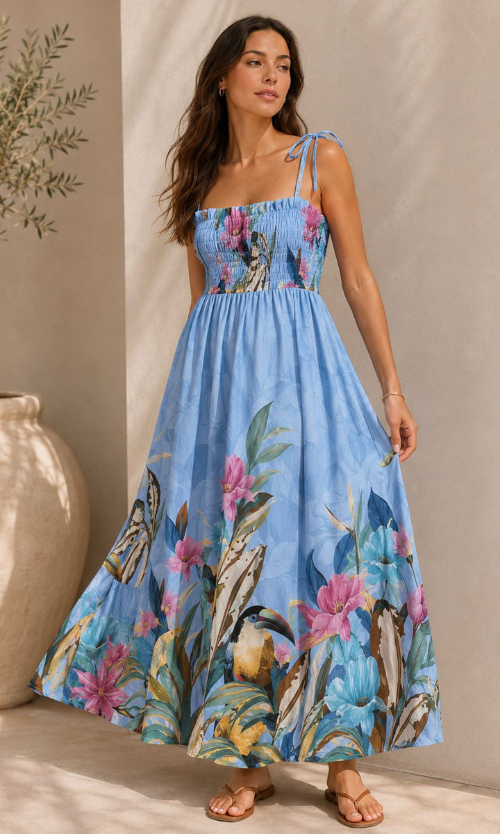Ladies Flower Print Summer Cami Dress - Cream, Blue, Khaki & Brown