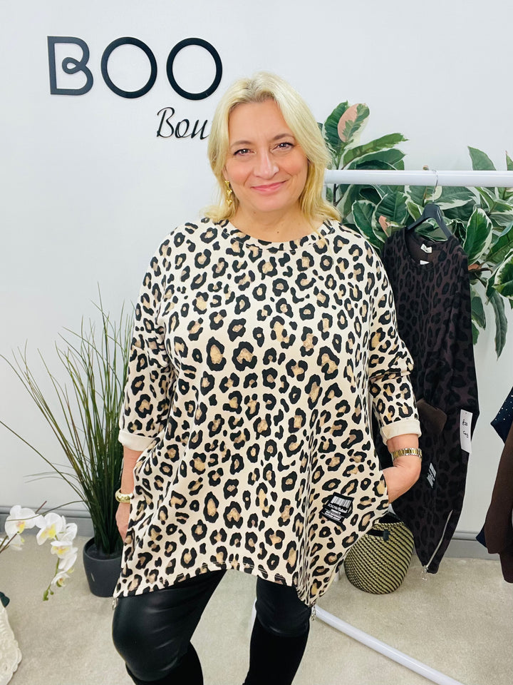 LADIES SCUBA ANIMAL PRINT SWEATSHIRT TOP - BROWN & BEIGE