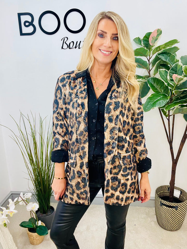 LADIES ANIMAL LEOPARD PRINT SEQUIN JACKET BLAZER