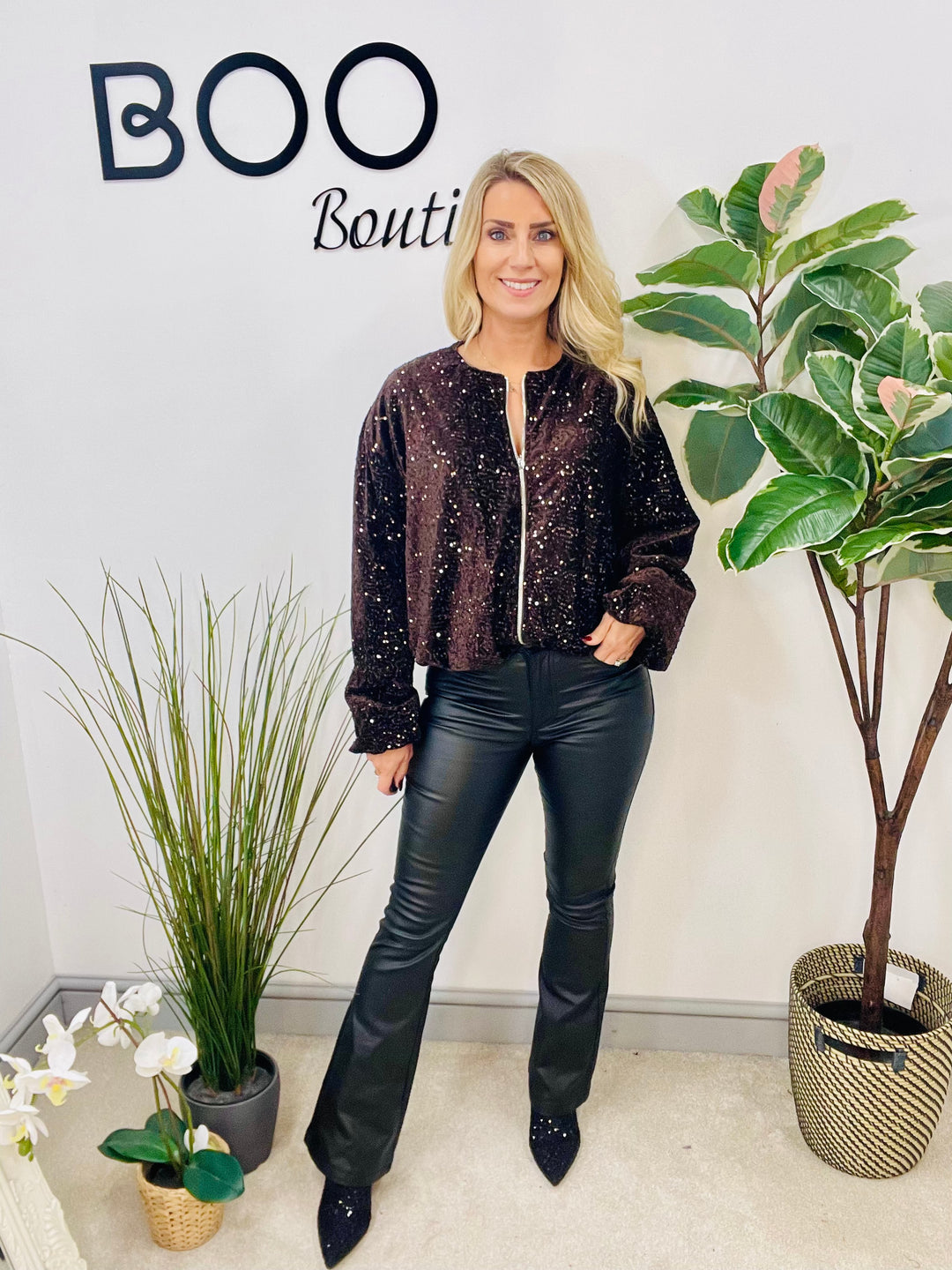 LADIES SEQUIN BOMBER JACKET - BLACK, SILVER, BERRY, BROWN