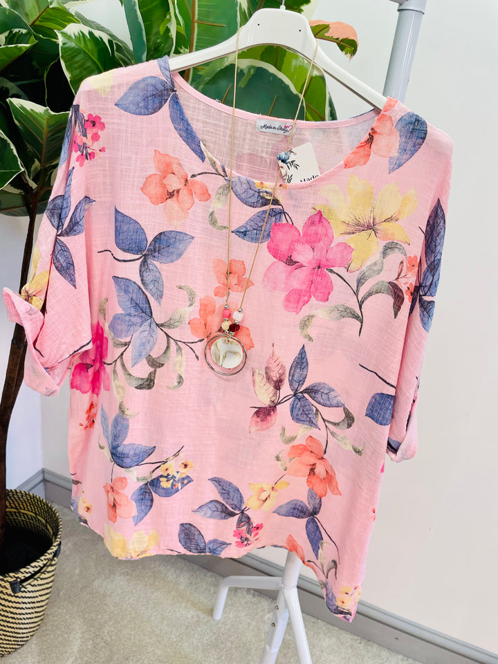 LADIES WOMENS FLORAL PRINT LINEN SUMMER TOP - PINK, ORANGE, BLUE, WHITE, YELLOW