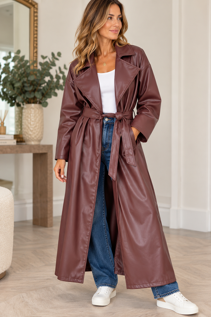Womens fashion faux leather trench coat - plum, black & brown
