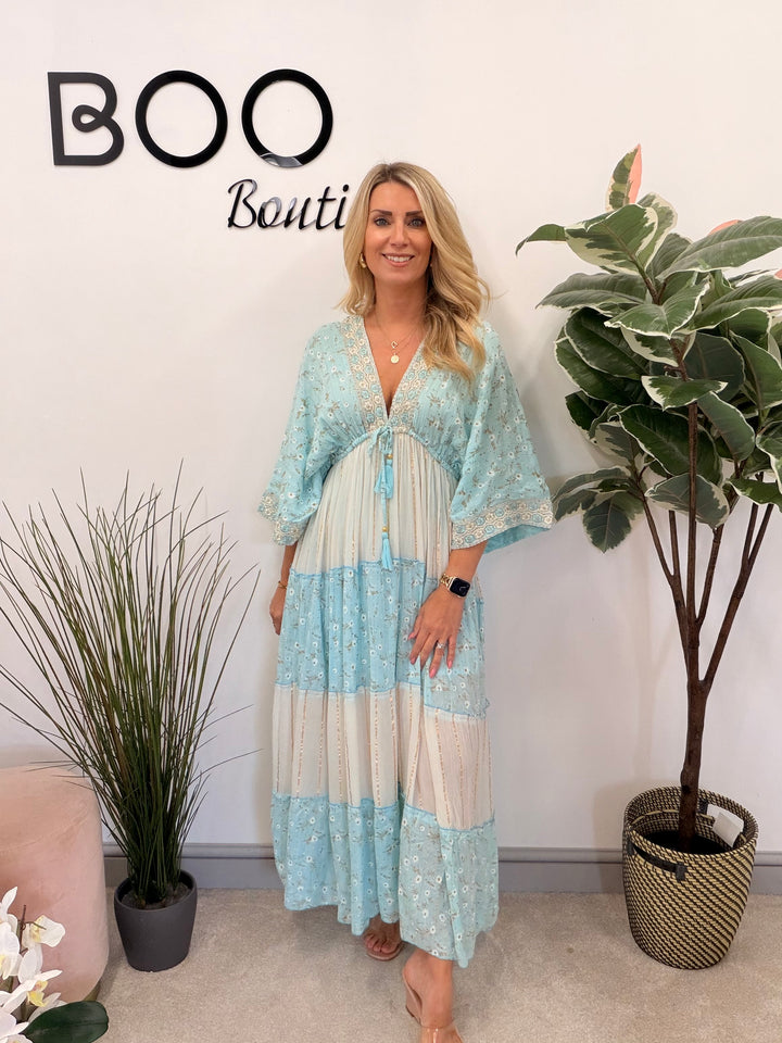 Ladies Fashion Boho Summer Maxi Dress - Pink, Cream, Mint & Blue