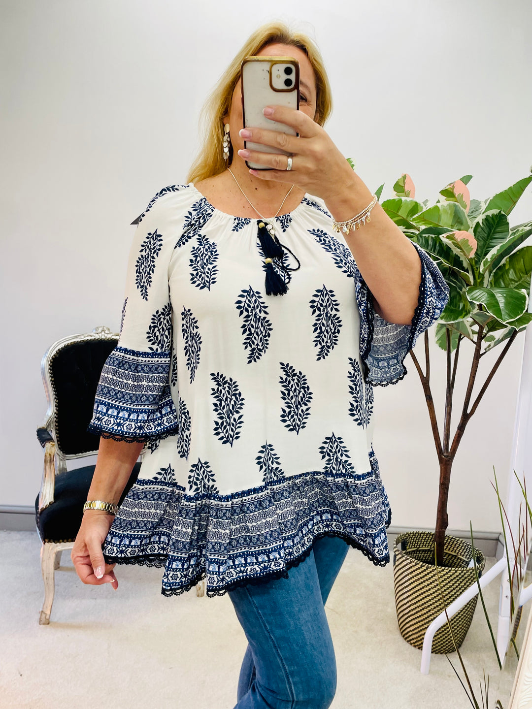 LADIES WOMENS NAVY & WHITE PAISLEY PRINT SMOCK SUMMER HOLIDAY TOP BLOUSE