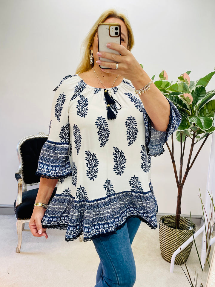 LADIES WOMENS NAVY & WHITE PAISLEY PRINT SMOCK SUMMER HOLIDAY TOP BLOUSE