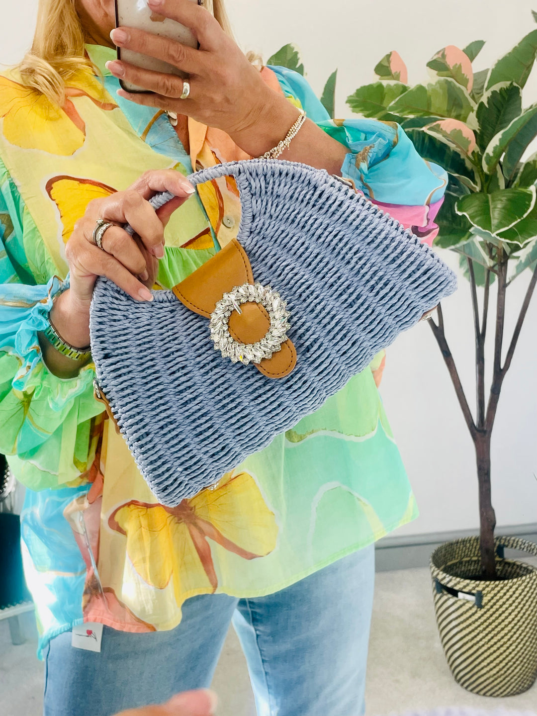 LADIES WOMENS CORNFLOWER BLUE RAFFIA DIAMANTE CLUTCH HOLIDAY SUMMER BAG