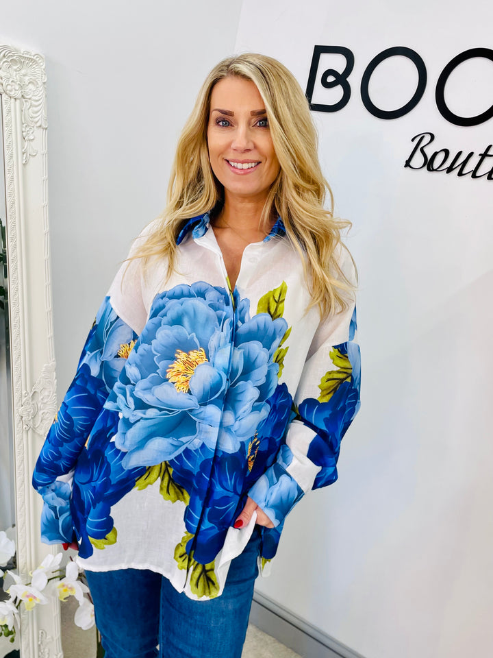 LADIES WOMENS BLUE FLOWER OVERSIZE LINEN SUMMER TOP