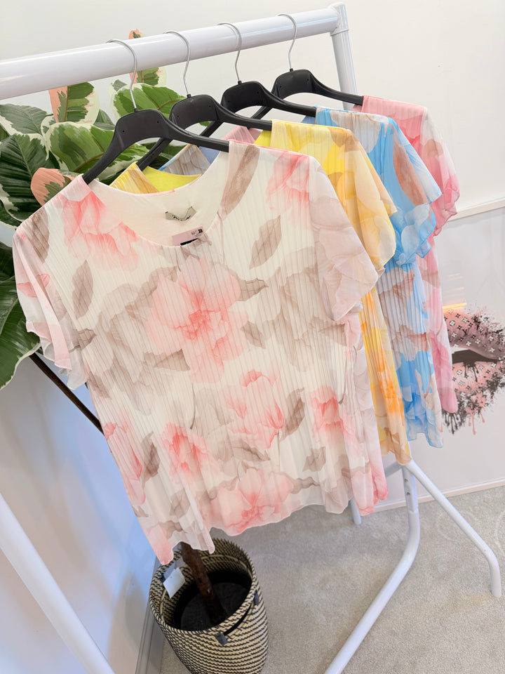 Ladies Fashion Floral Print Pleated Chiffon Blouse Top - pink, white, blue & lemon