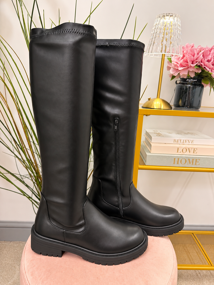 The NICOLA black flat pu stretch calf knee high boots