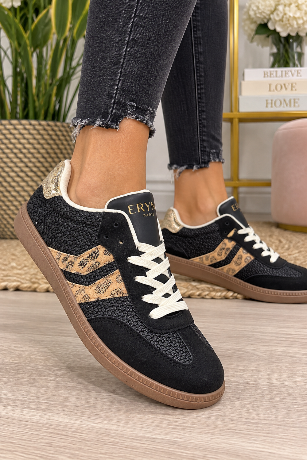 Ladies Fashion Black Flat Inspired Stripe Trainers 