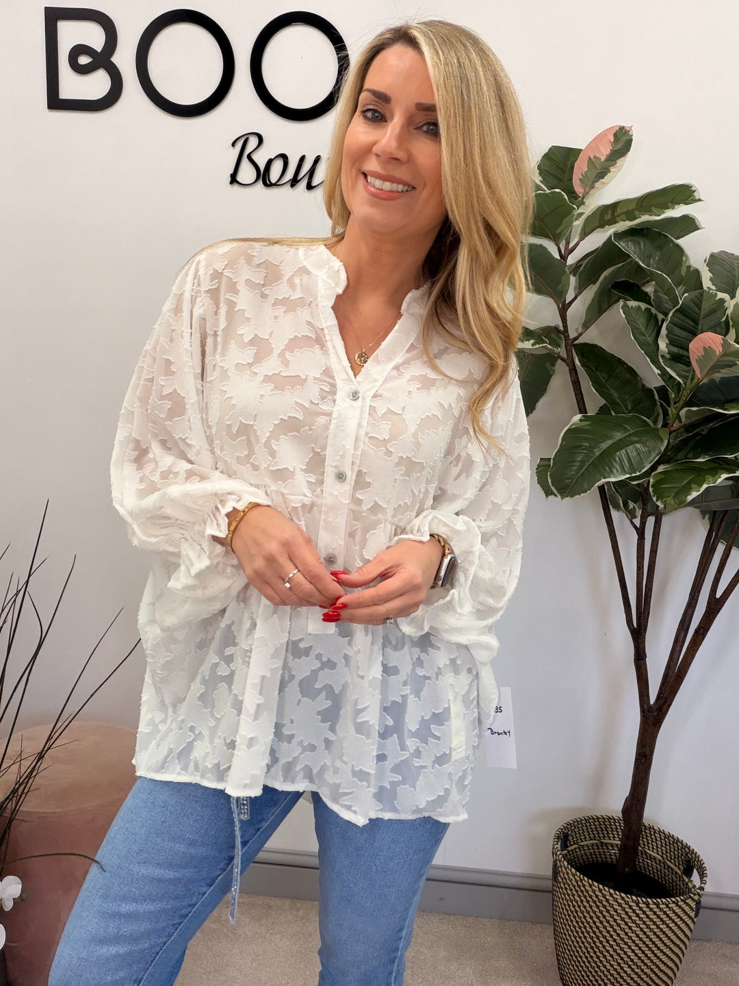 Ladies Fashion Smock V Neck Blouse Top - White, Lemon & Peach