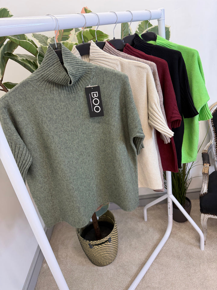 LADIES SHORT SLEEVE KNITTED JUMPER - BLACK, KHAKI, BEIGE, MOCHA, GREEN & BERRY
