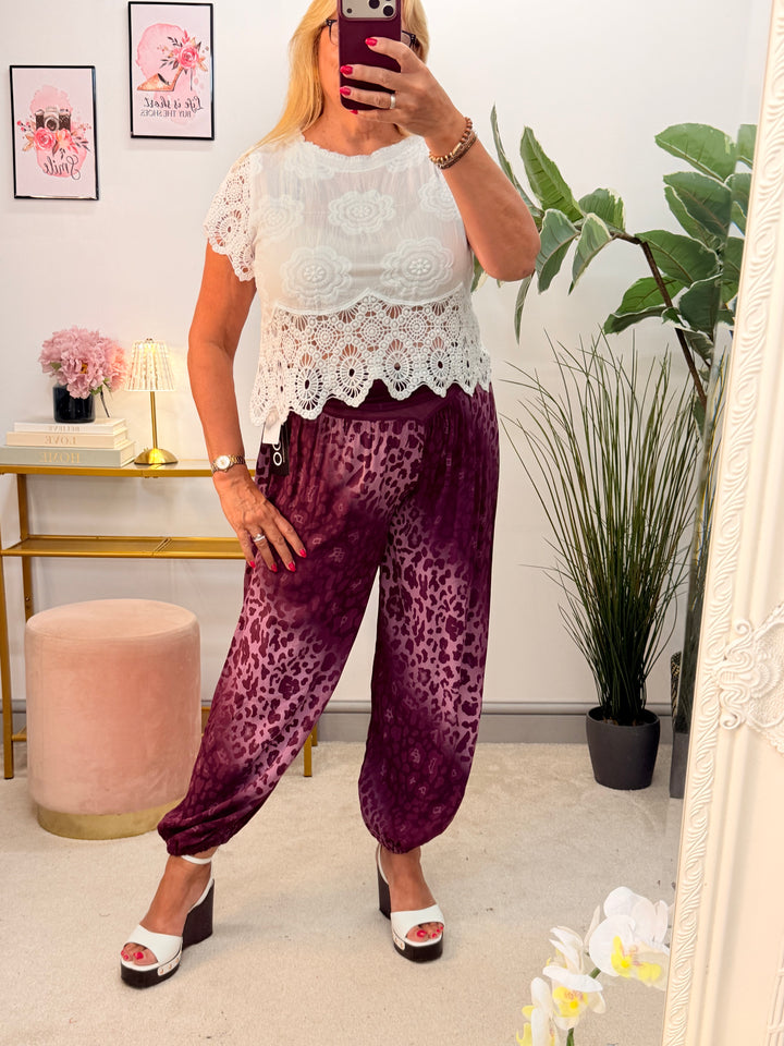 Ladies Fashion Animal Print Harem Balloon Leg Trousers Pants - Blue, White, Wine, Brown & Beige