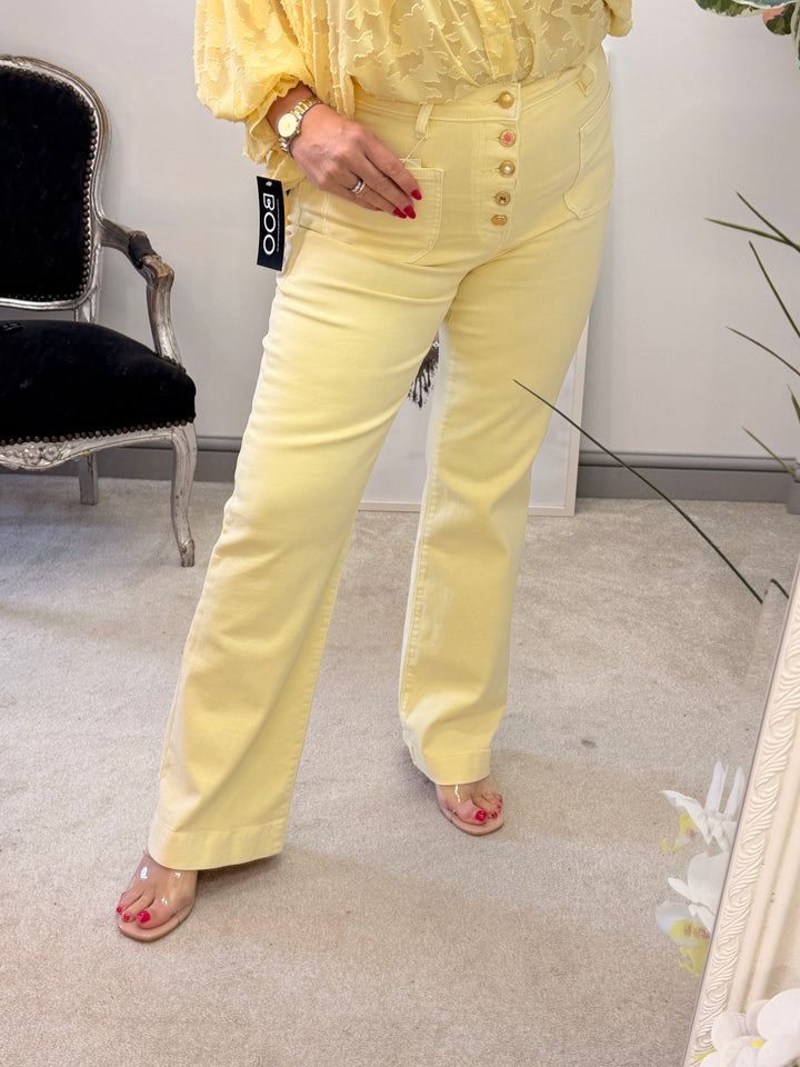 LADIES FASHION LEMON YELLOW HIGH WAIST WIDE LEG JEANS