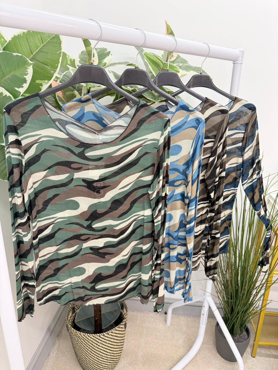Womens sheer camouflage layer top - blue, khaki, navy & black