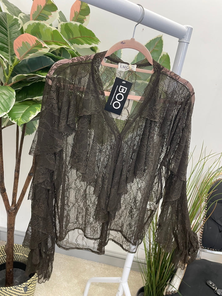 LADIES SHEER NET FRILL BLOUSE SHIRT - BLACK & BROWN