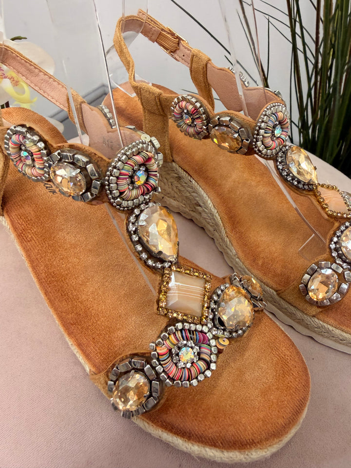 Ladies Fashion Camel Jewelled Mid Wedge Heel Sandals