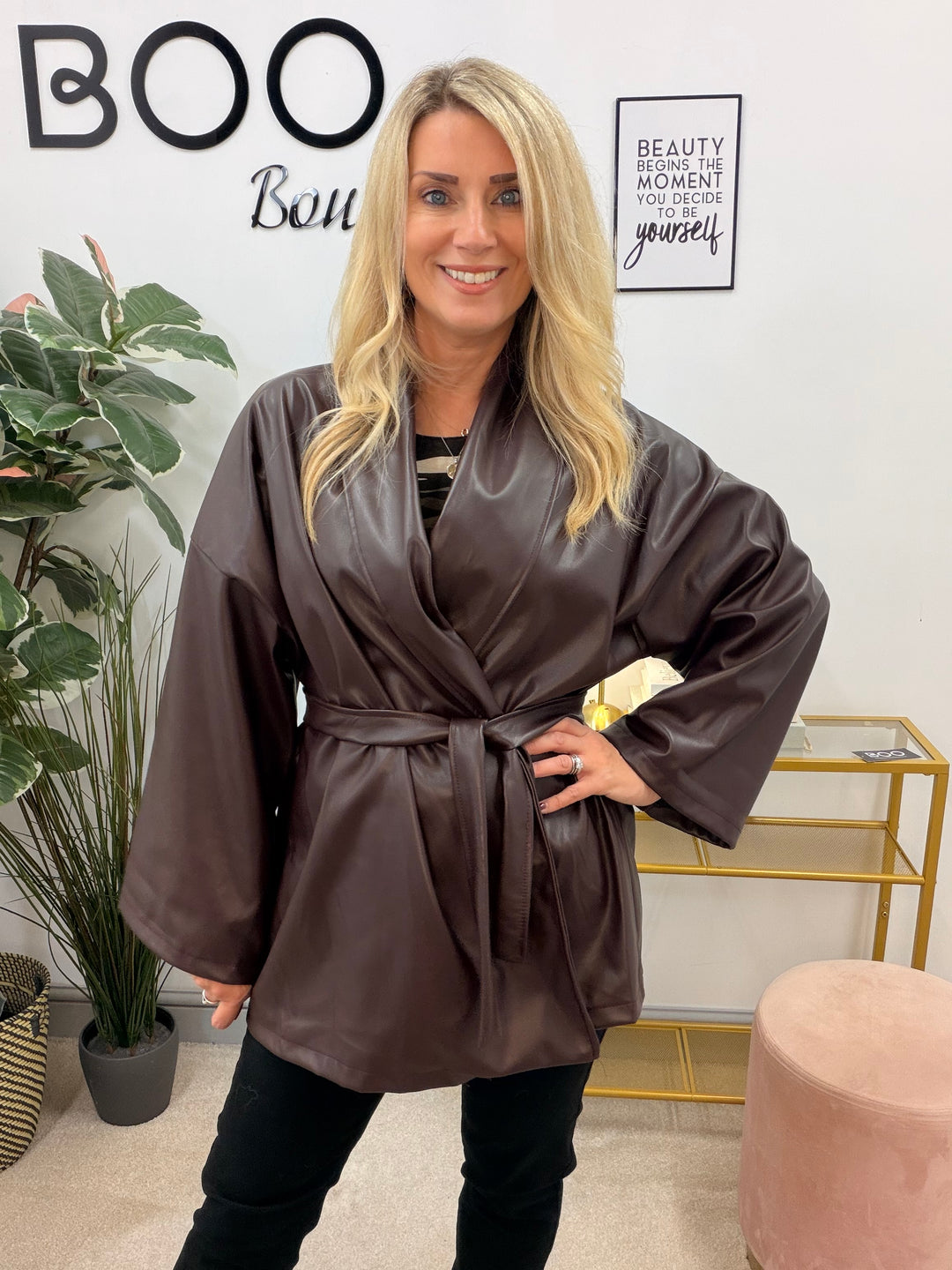 Womens fashion kimono faux leather wrap jacket - plum, black & brown