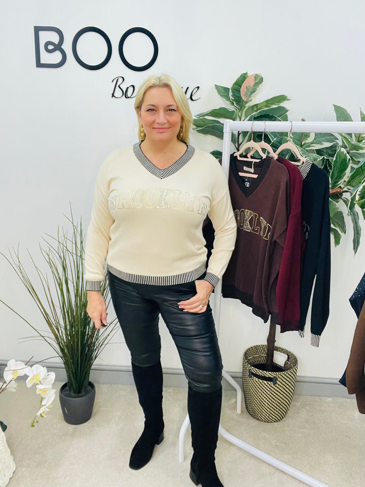 LADIES DIAMANTE SOFT KNIT JUMPER - BURGUNDY, BROWN, BLACK & BEIGE