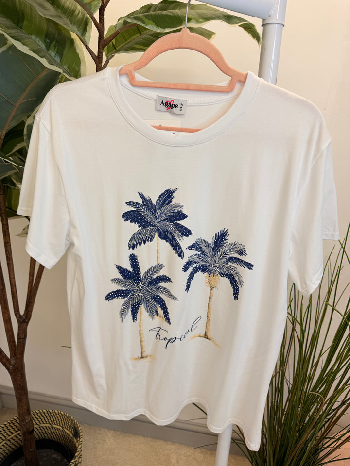 Ladies White Sparkly Tropical Print T Shirt - Navy, Blue, Pink, Khaki & Beige