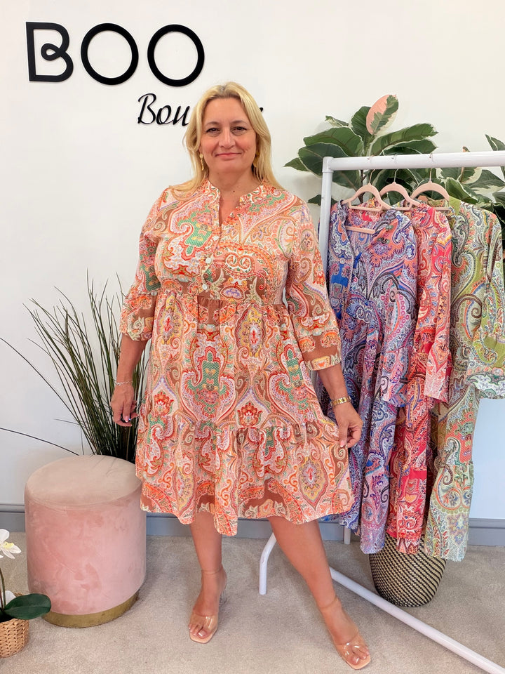 Ladies Paisley Print Smock Summer Dress - green, blue, pink, orange