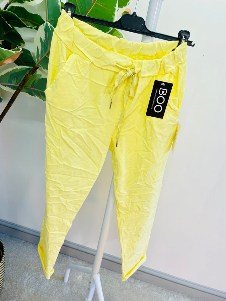 LADIES WOMENS LEMON YELLOW CRINKLE STRETCH CASUAL MAGIC TROUSERS
