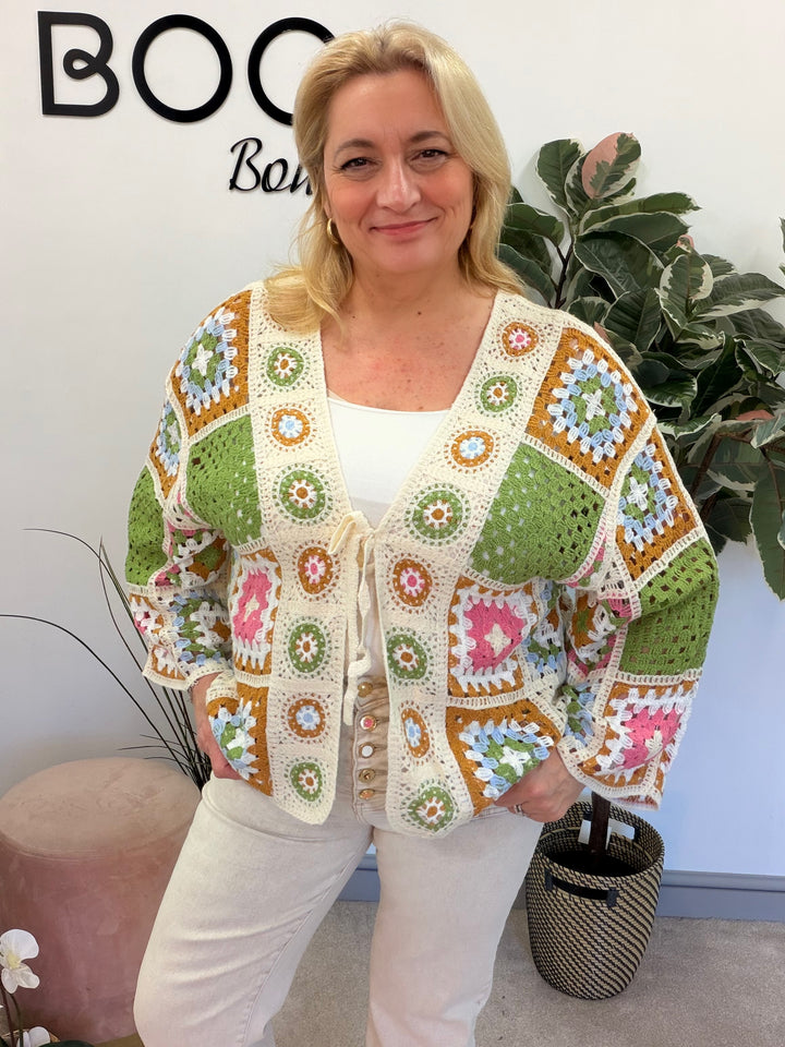 Ladies Fashion Retro Colourful Patchwork Crochet Cardigan Jacket