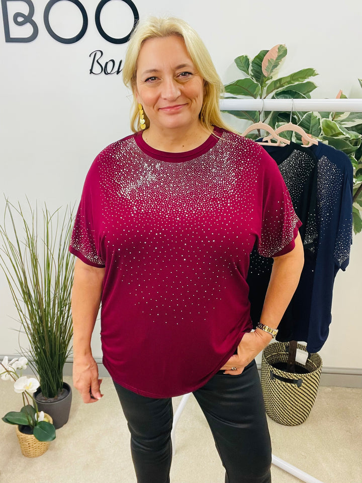 LADIES LOOSE FIT SPARKLY TEE T SHIRT - NAVY, BLACK, BERRY
