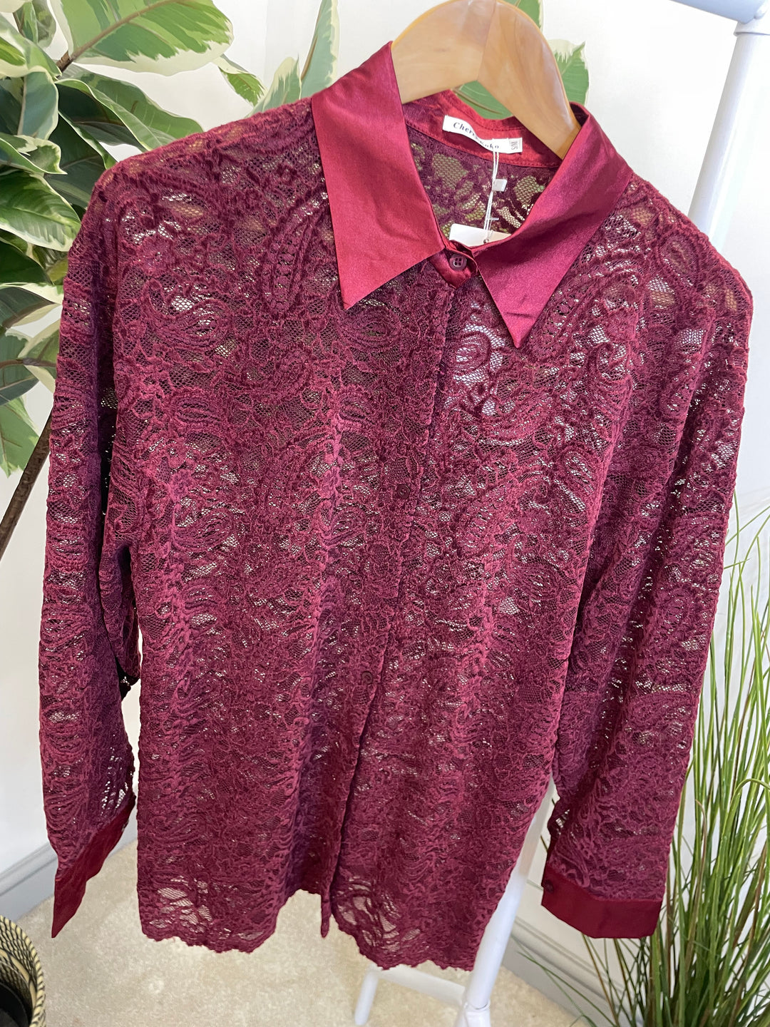 LADIES SHEER LACE BLOUSE SHIRT - BROWN, BLACK & BERRY