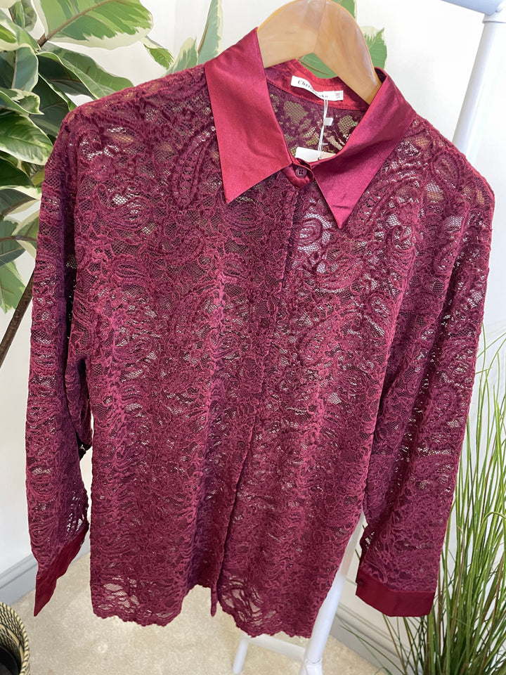 LADIES SHEER LACE BLOUSE SHIRT - BROWN, BLACK & BERRY