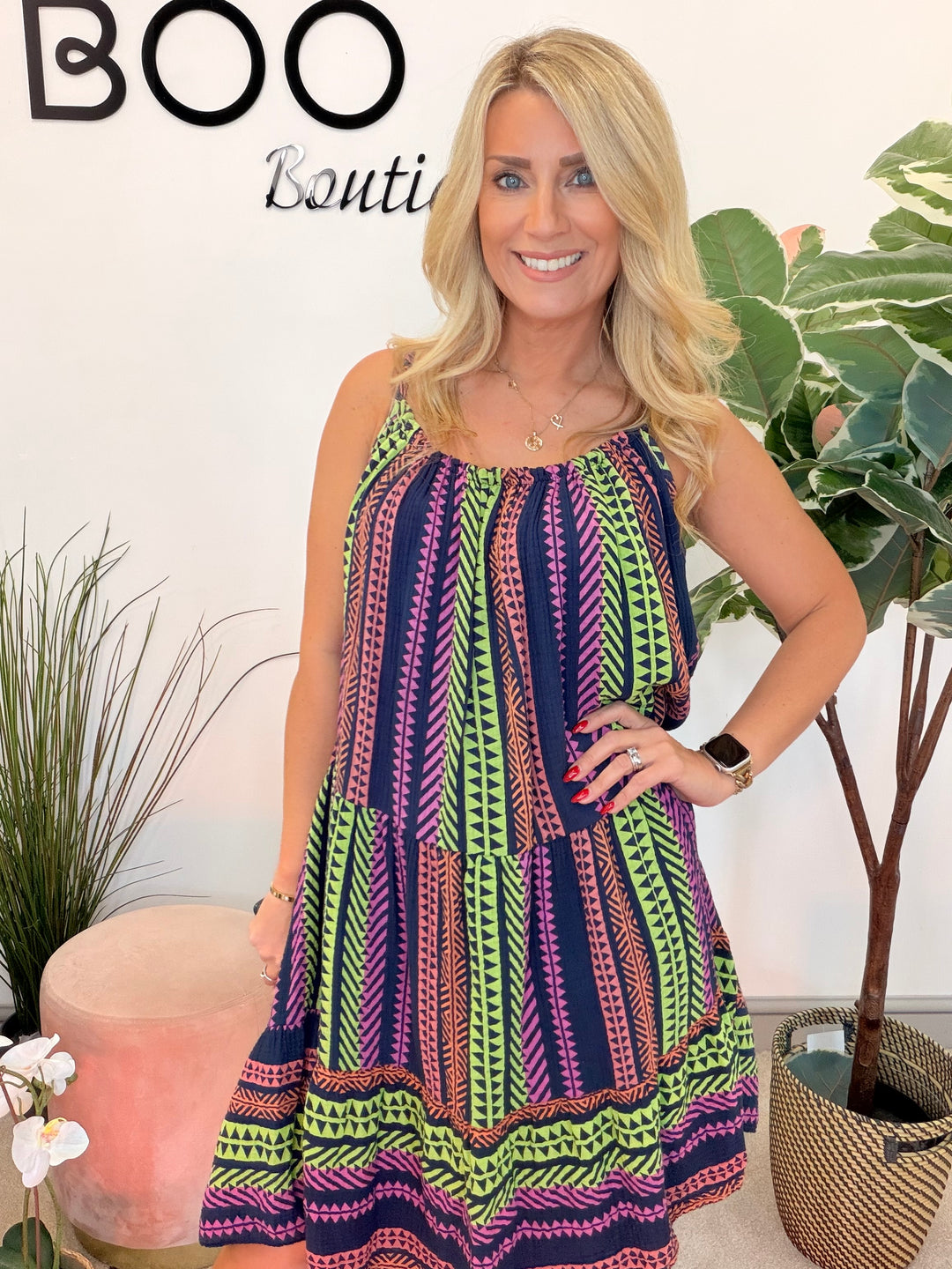 Ladies Aztec Print Cheesecloth Summer Sun Dress - Pink & Navy
