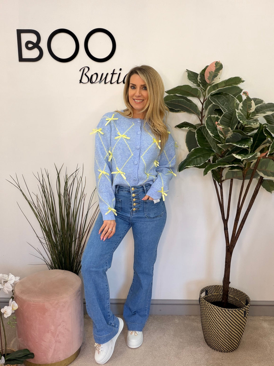 Ladies Fashion Soft Knit Satin Bow Cardigan - blue & pink