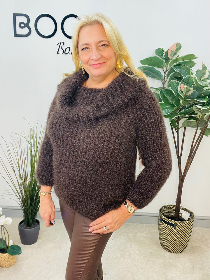 LADIES FLUFFY BARDOT JUMPER - NAVY, BLACK, WINE, MOCHA, BROWN, CREAM
