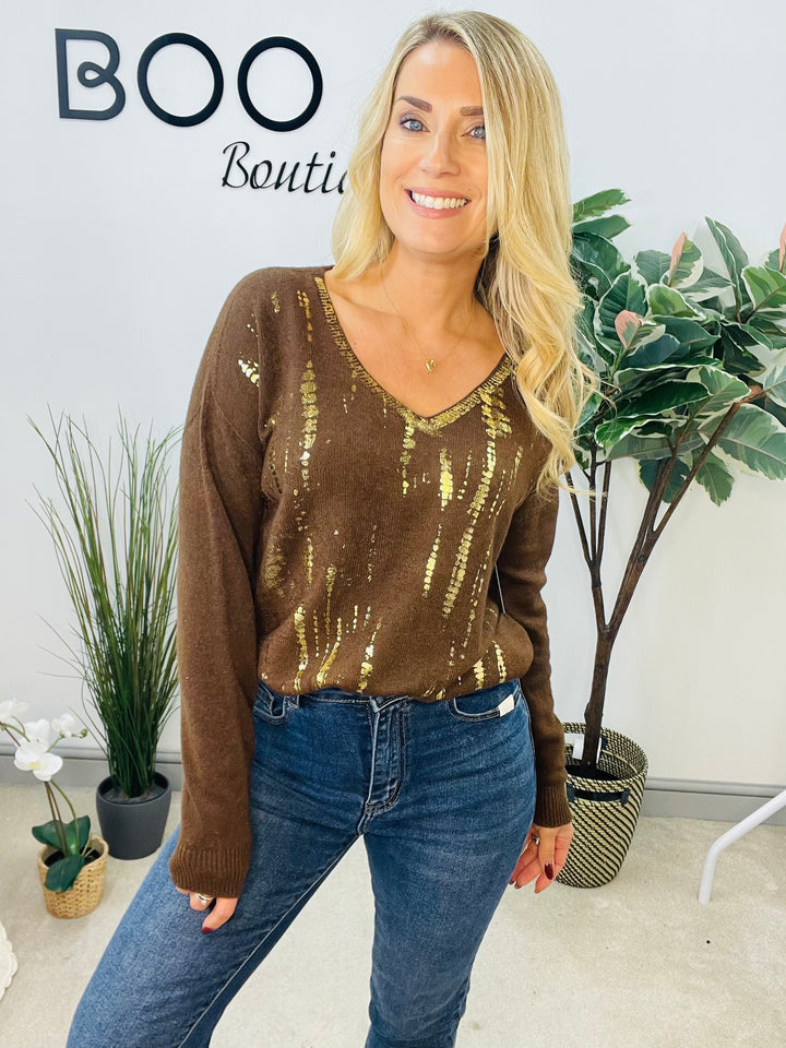 LADIES V NECK SOFT KNIT JUMPER - WHITE, BROWN & MOCHA