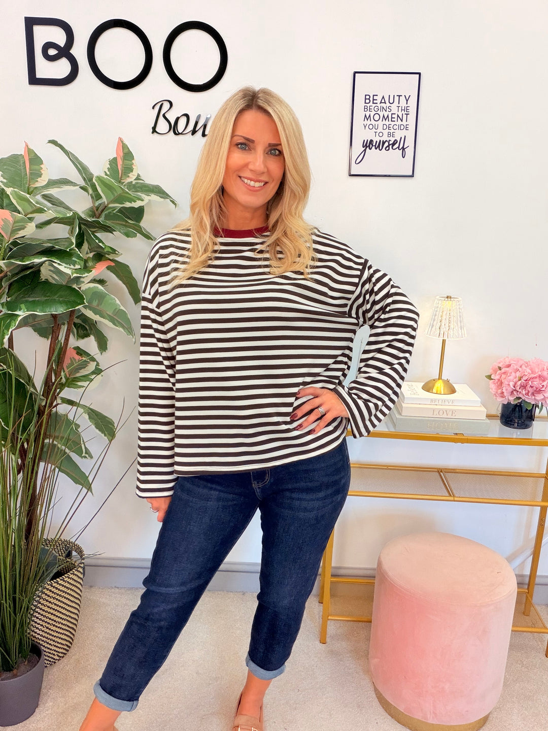 Women’s Stripe Long Sleeve Slouch Top - Wine, Navy, Pink, Brown