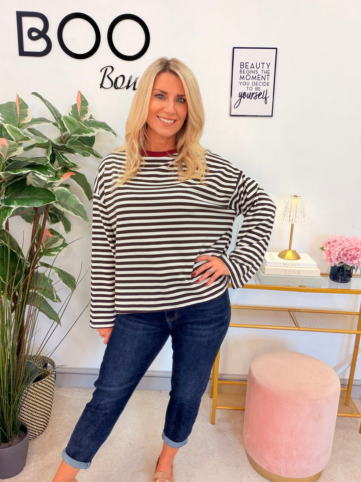 Women’s Stripe Long Sleeve Slouch Top - Wine, Navy, Pink, Brown
